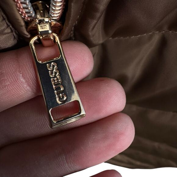 GUESS Janina Brown Long Line Faux Fur Hood Full Zip Down Puffer Jacket Size L - Picture 5 of 14